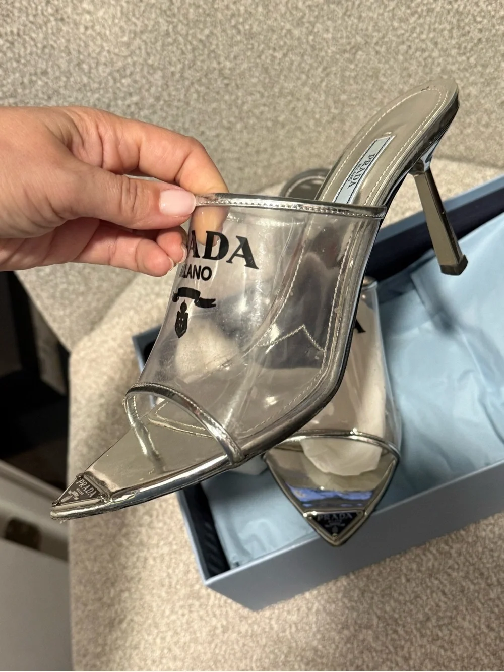 Prada White and Silver Logo Slide Sandals - Picture 3 of 4